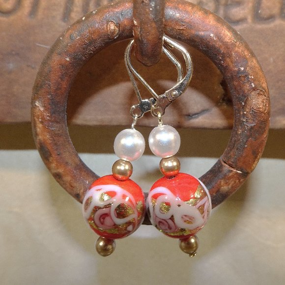 Handmade drop-style Murano earrings in Mediterranean orange with lampwork - Picture 1 of 10